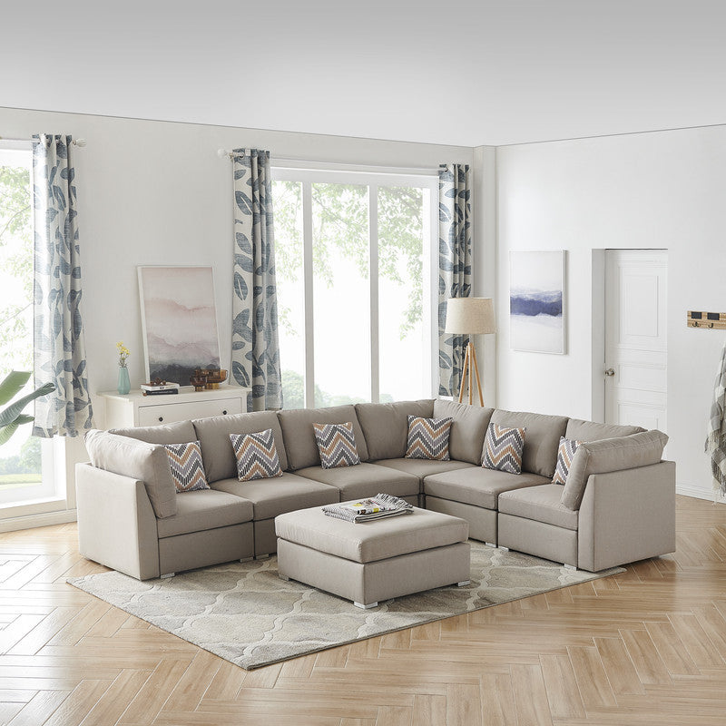 Amira Beige Fabric Modular Sectional Sofa Set with Ottoman and Pillows