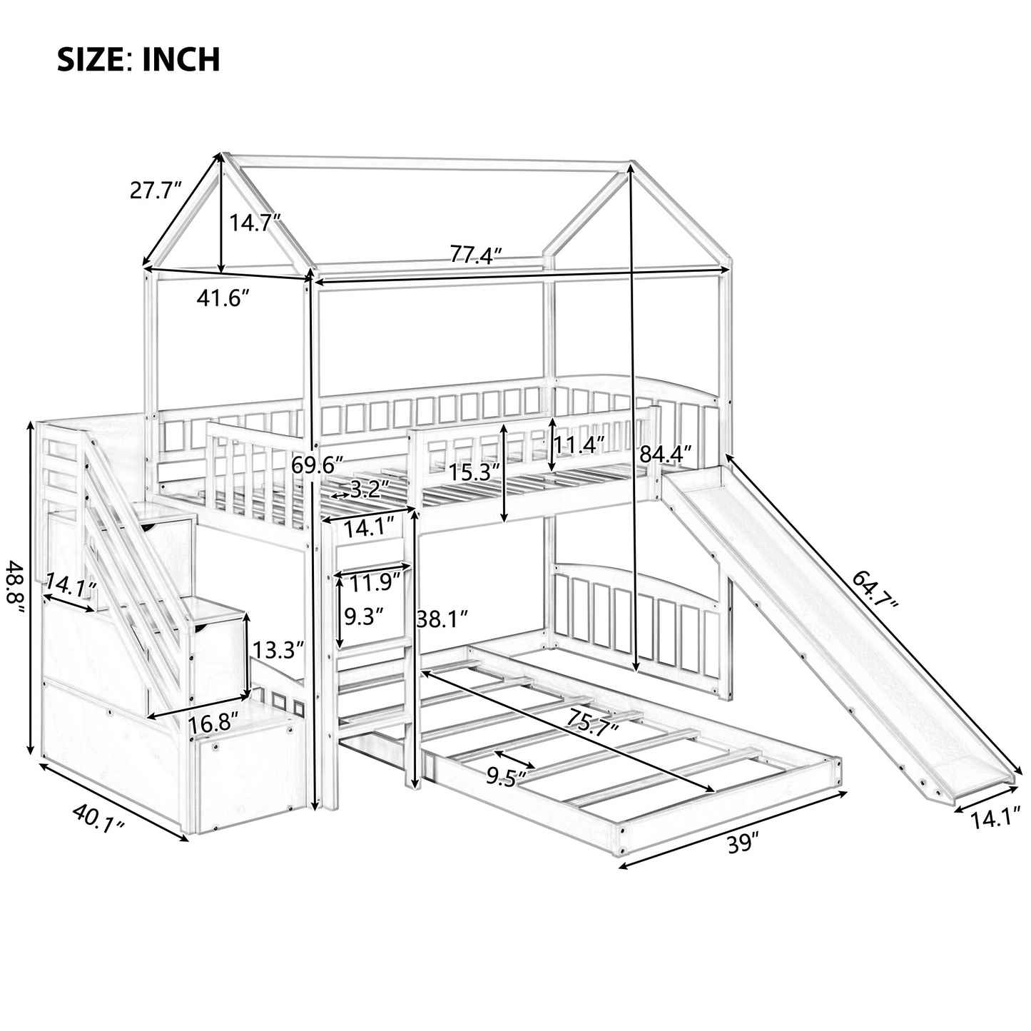 White House Design Twin Over Twin Bunk Bed with Slide and Storage Steps