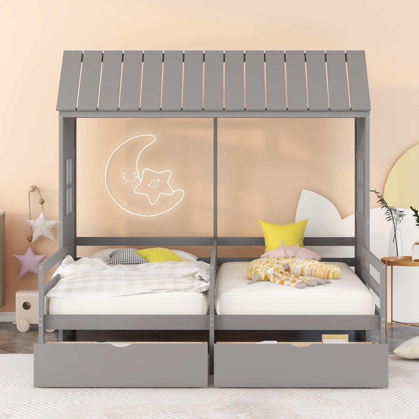 Twin Twin House Bed with 2 Drawers, Gray