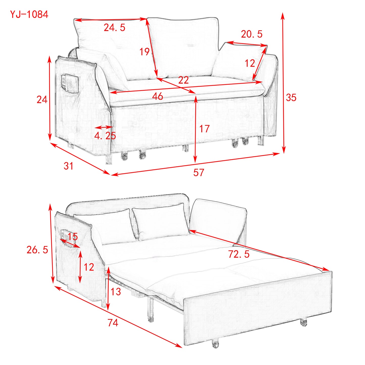 MH 57" Modern Convertible Sofa Bed with 2 Detachable Arm Pockets, Velvet Loveseat Multi-position adjustable Sofa with Pull Out Bed with Bedhead, 2 Pillows and Living Room, Grey