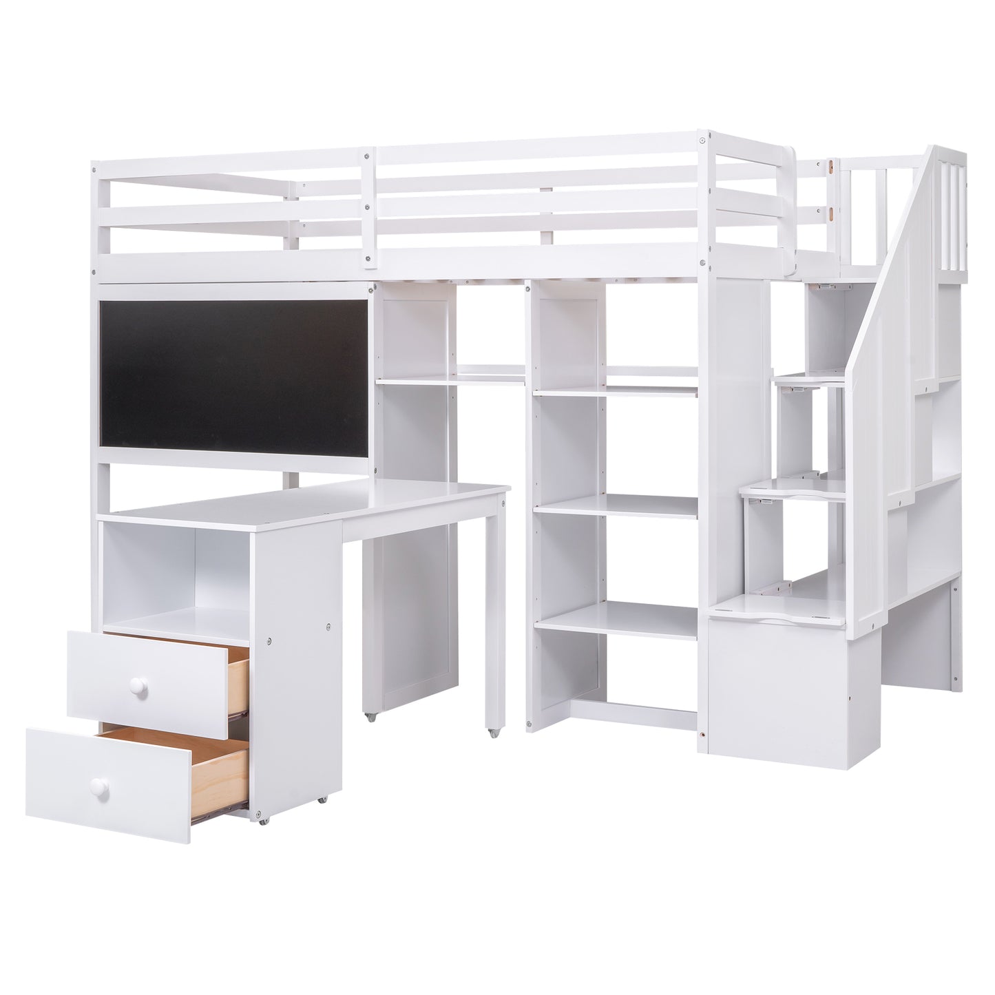 Twin Size Loft Bed with Pullable Desk and Storage Shelves,Staircase and Blackboard,White