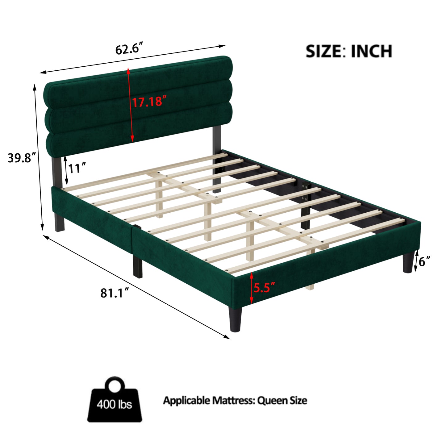 Queen Bed Frame with Headboard,Sturdy Platform Bed with Wooden Slats Support,No Box Spring,Mattress Foundation,Easy Assembly  Green