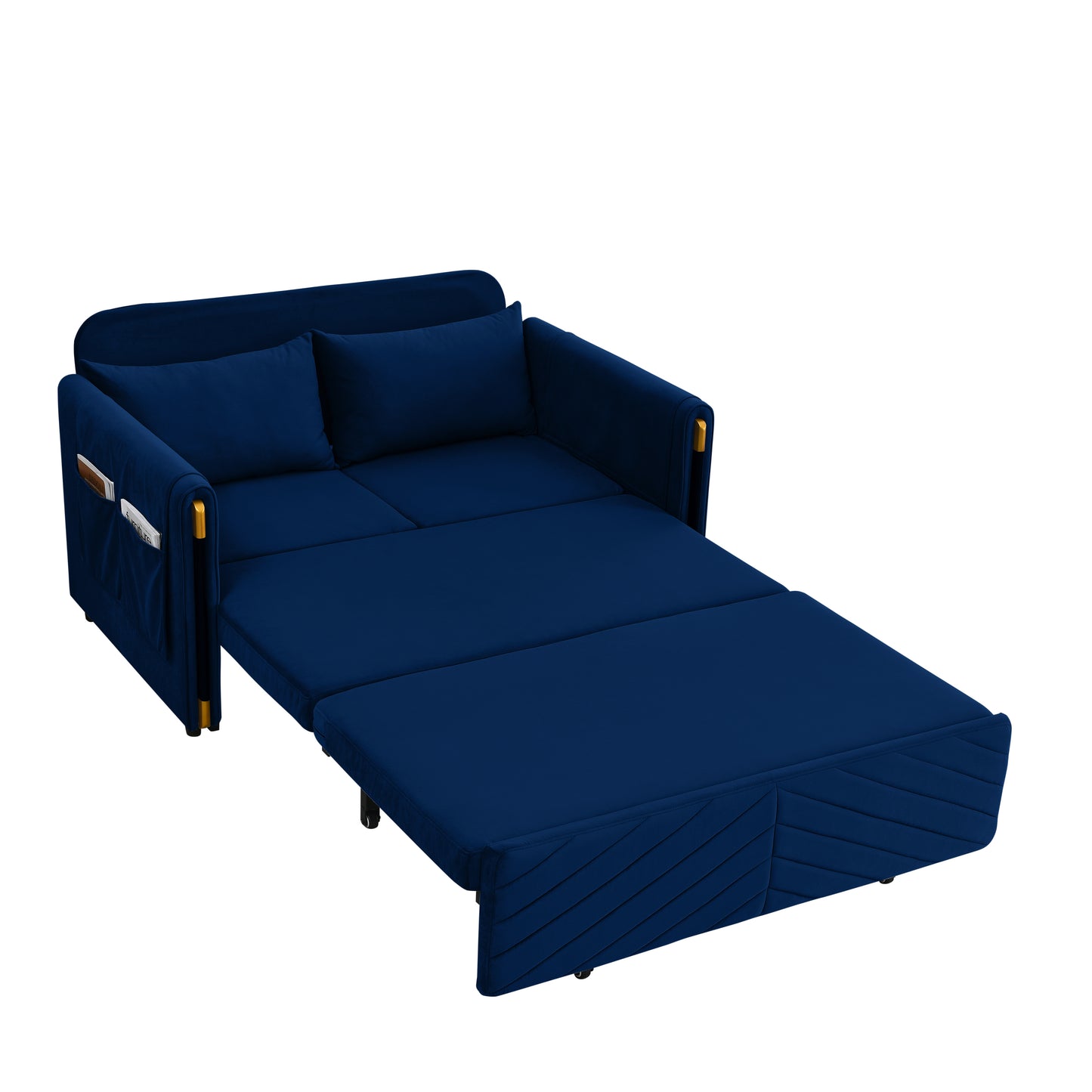 MH 54" Modern Convertible Sofa Bed with 2 Detachable Arm Pockets, Velvet Loveseat Multi-position adjustable Sofa with Pull Out Bed with Bedhead, 2 Pillows and Living Room, Blue