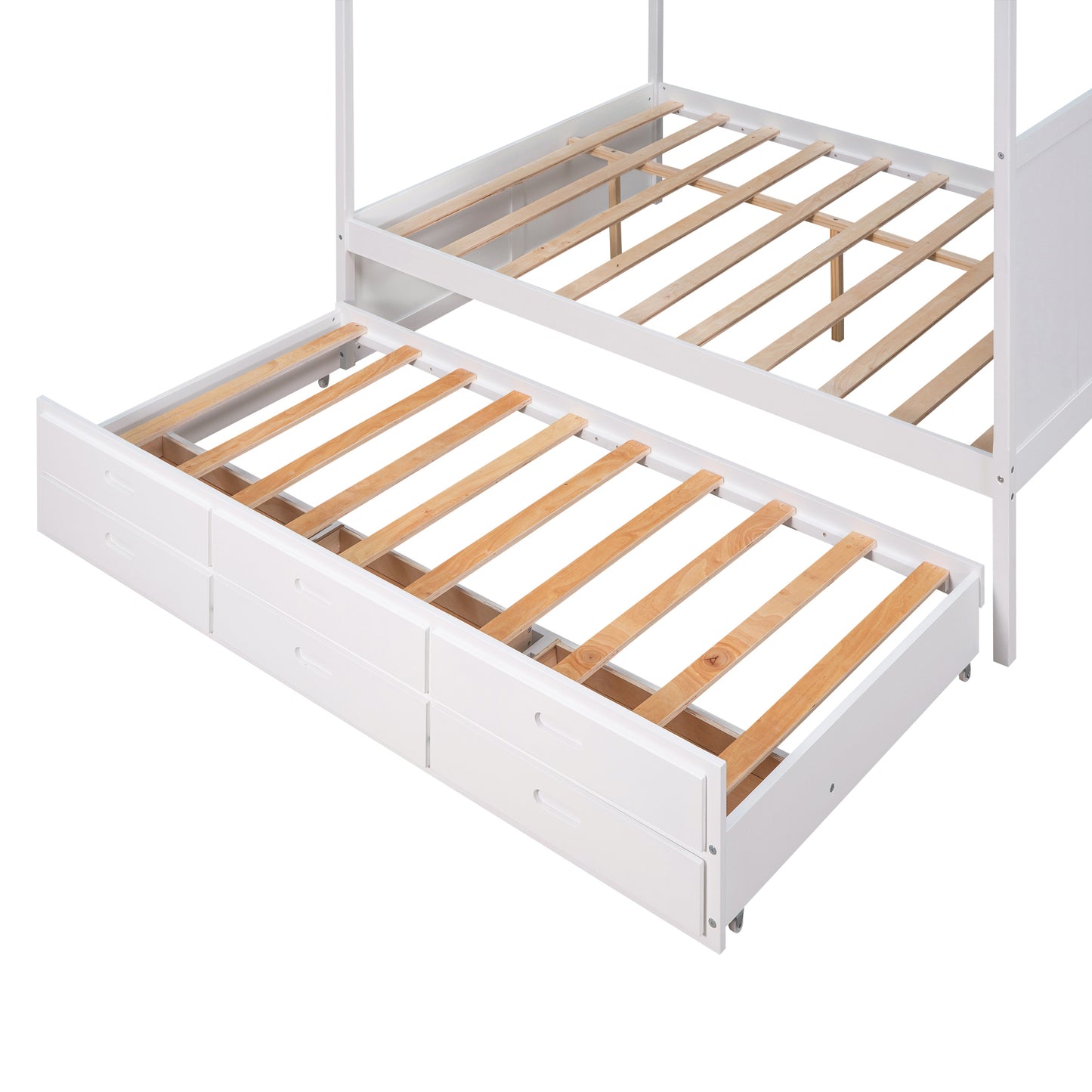 Queen Size Canopy Platform Bed with Twin Size Trundle and Three Storage Drawers,White