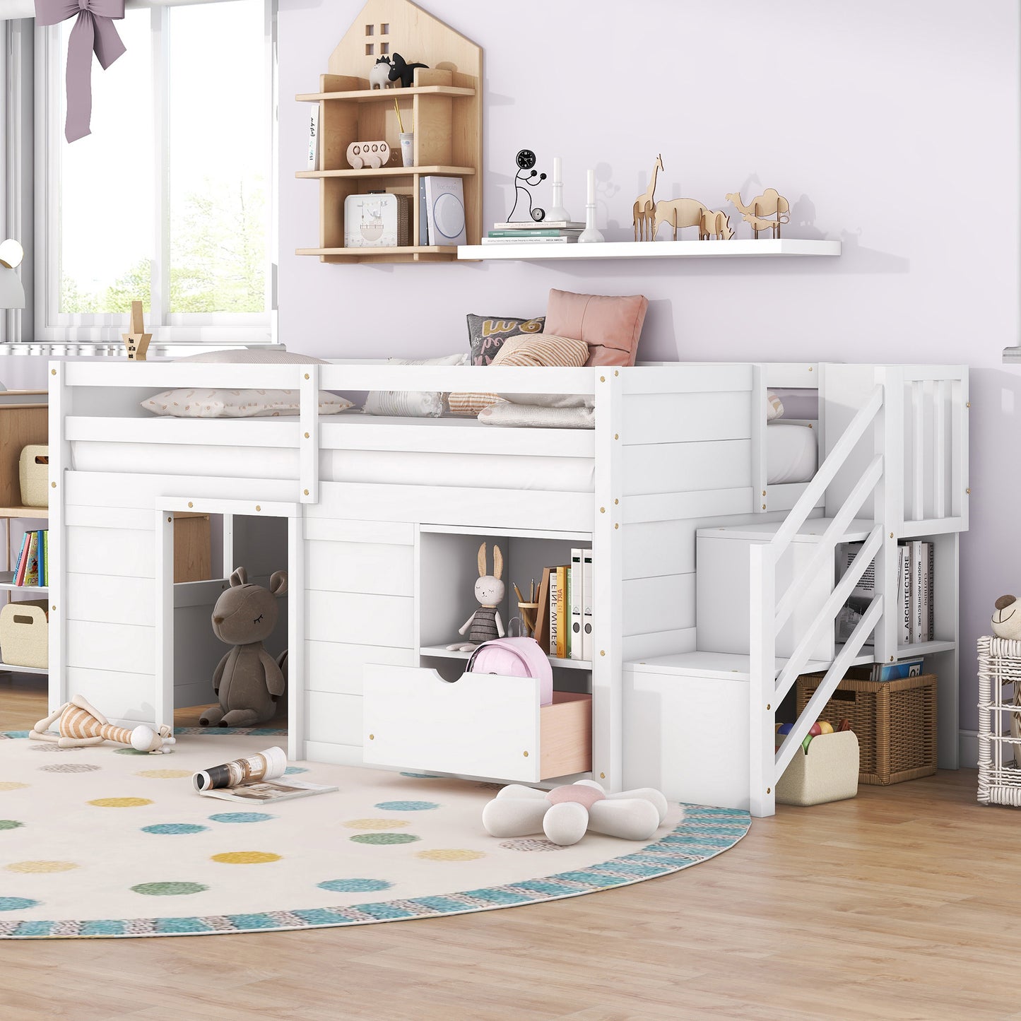 TWIN BED, SOLID WOOD TWIN SIZE LOW LOFT BED WITH STAIR, DRAWER, AND SHELF OF WHITE COLOR