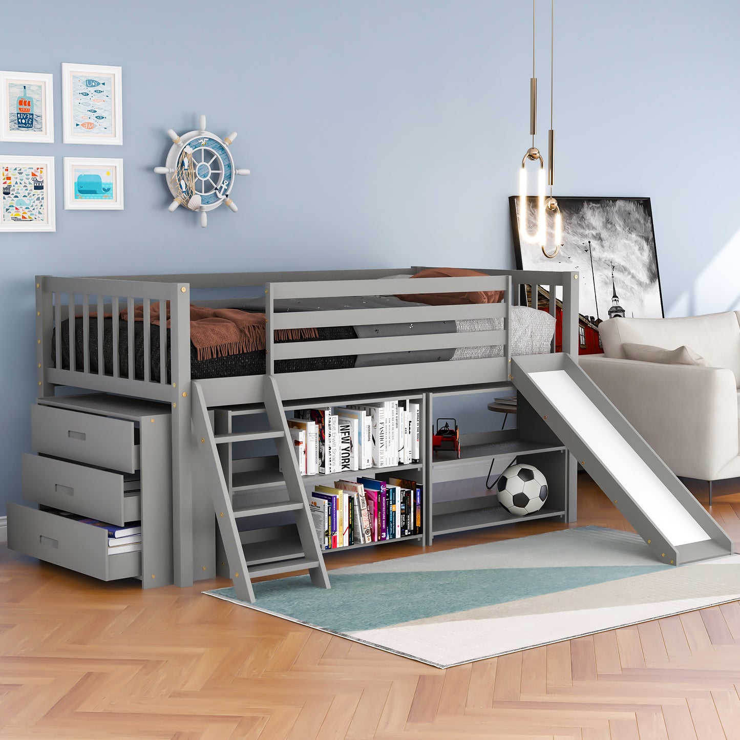 Low Loft Bed with Attached Bookcases and Separate 3-tier Drawers,Convertible Ladder and Slide,Twin,Gray