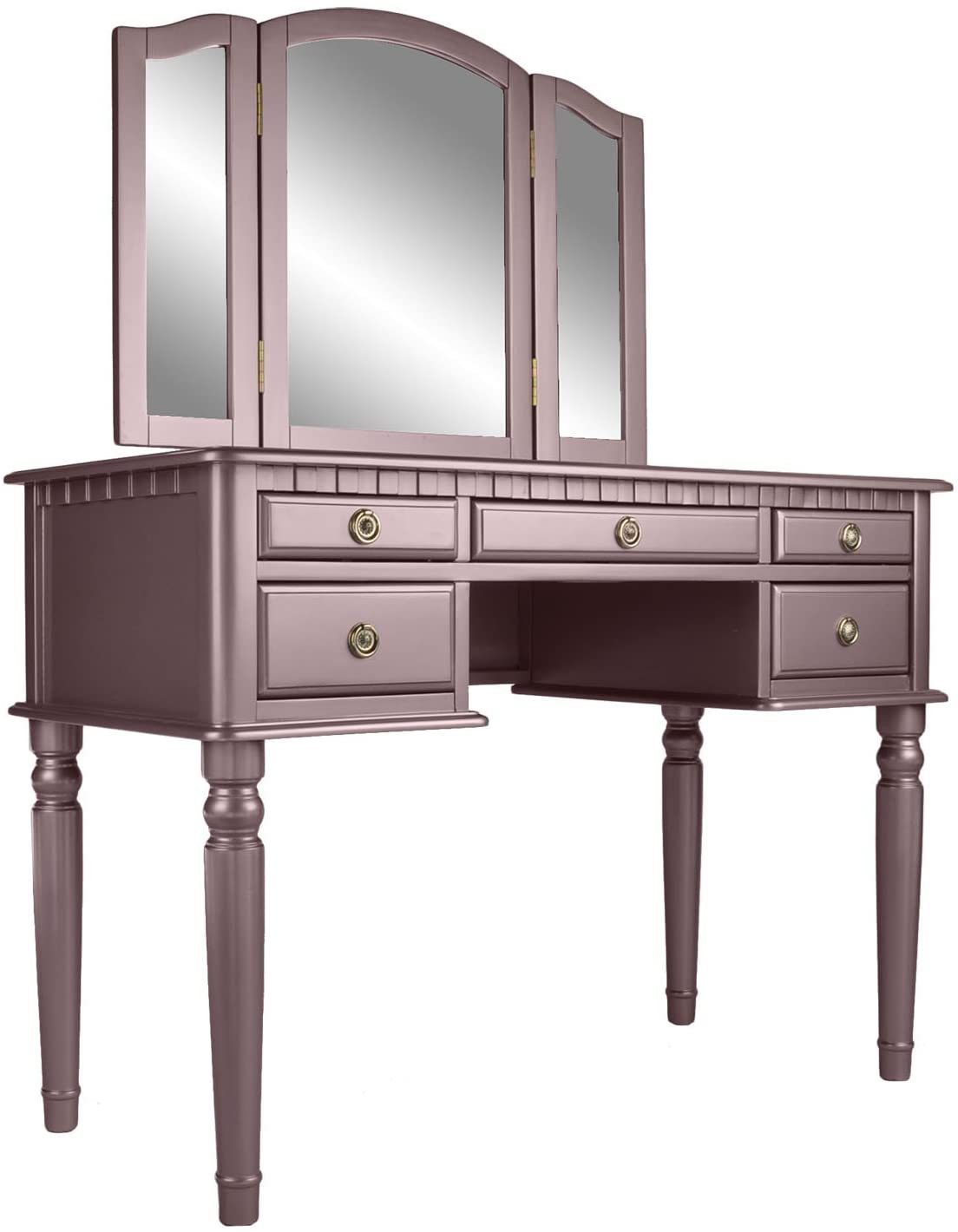 Bedroom Contemporary Vanity Set w Foldable Mirror Stool Drawers Rose Gold Color