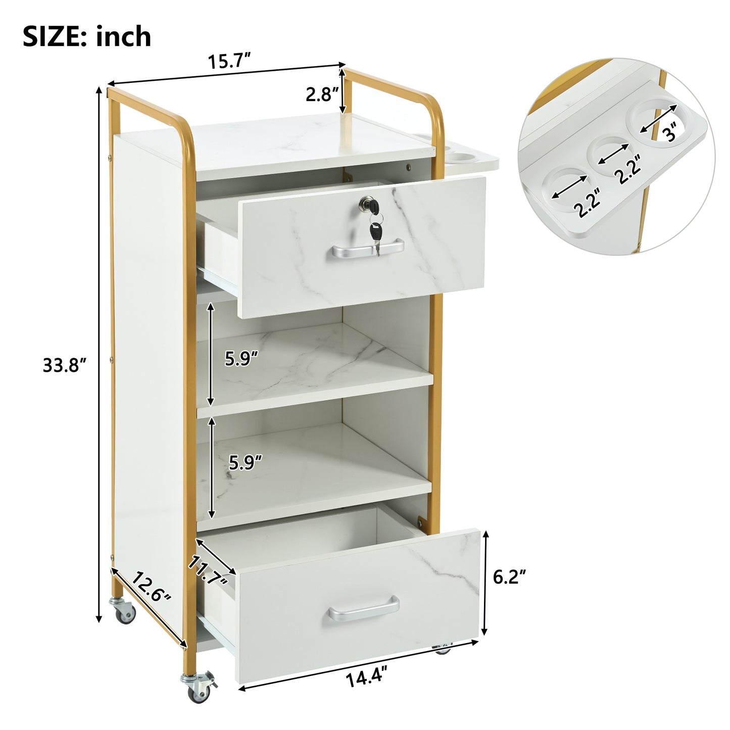 Locking Salon Storage Cabinet,Beauty Barber Salon Styling Station Organizer Equipment with 3 Hair Dryer Holder, 2 Drawers for Beauty Spa Barber Shop,White