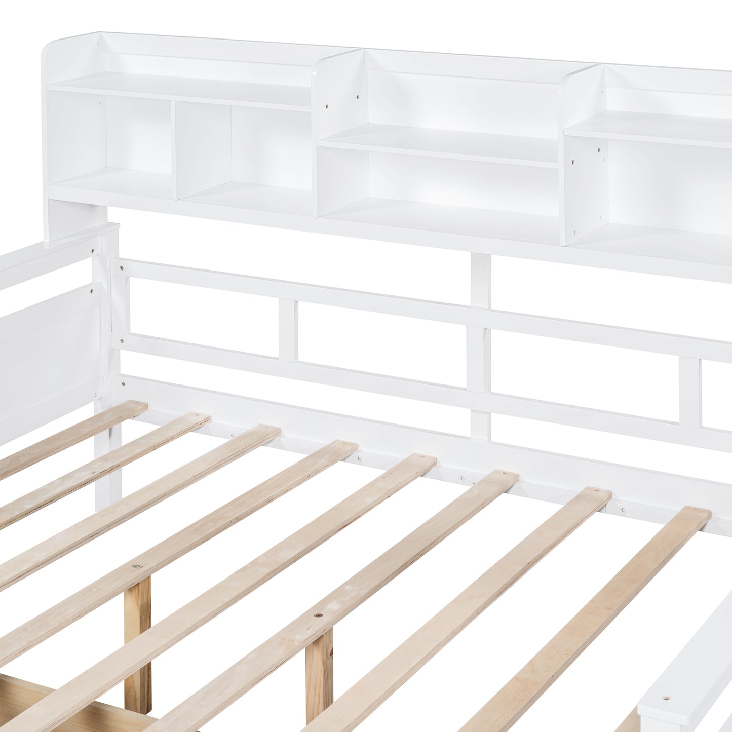 Full size Daybed, Wood Slat Support, with Bedside Shelf and Two Drawers, White