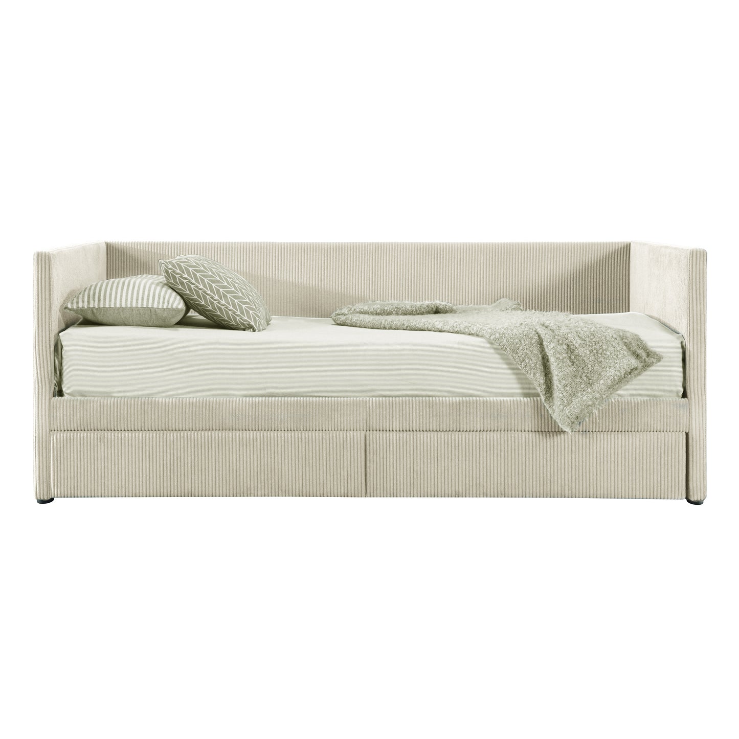 Twin Size Corduroy Daybed with Two Drawers and Wood Slat, Beige