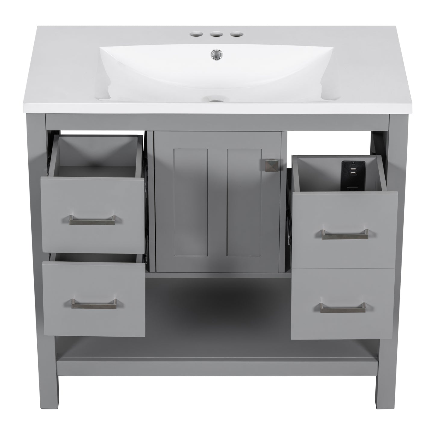 36" Gray Modern Bathroom Vanity with USB,Two Shallow Drawers, One Deep Drawer,One door,Single Resin Sink,Small Bathroom Organization Cabinet