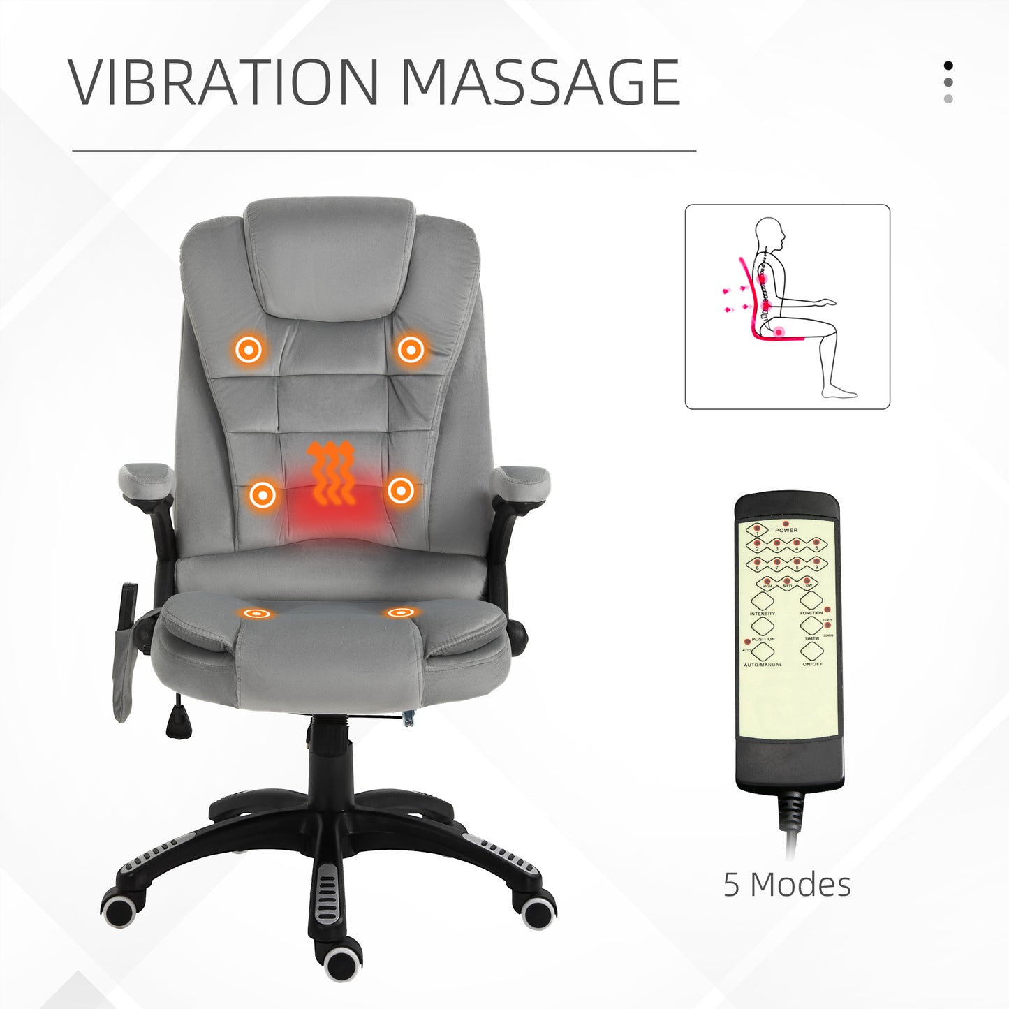 Vinsetto 6 Point Vibration Massage Office Chair with Heat, High Back Executive Office Chair with Padded Armrests, Velvet Reclining Computer Chair, Gray