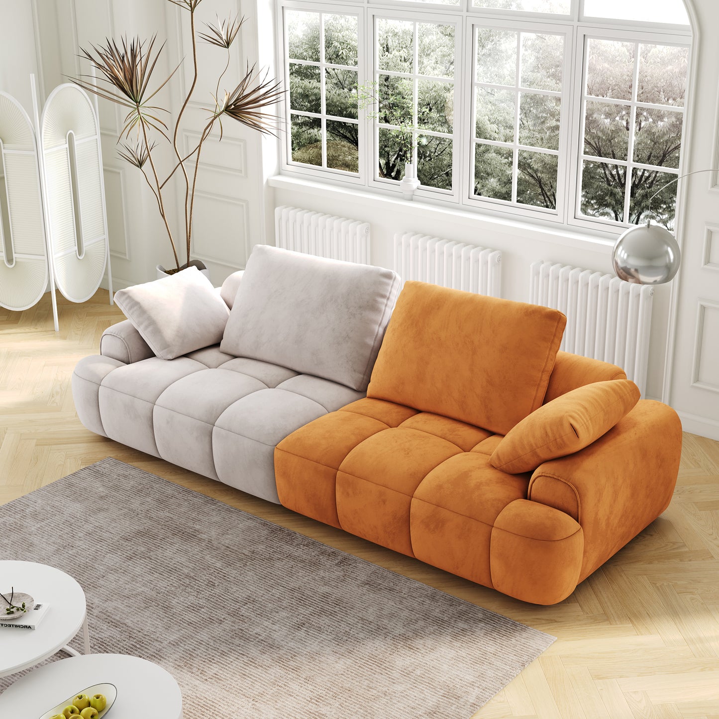 86.6″ Modern Beige and Yellow Upholstered Sofa with Two-Seat Capacity