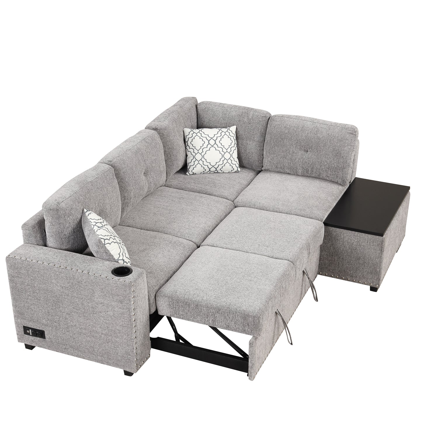 Convertible L-Shaped Sectional Sleeper Sofa with Storage Chaise and Charging Ports in Light Gray