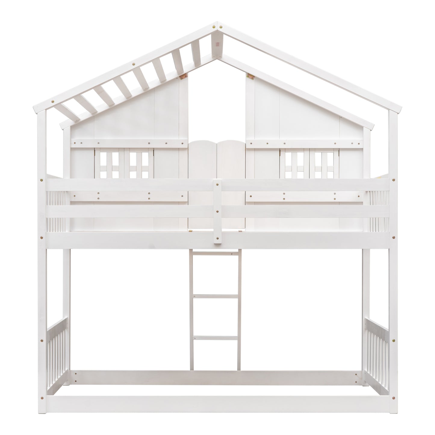 Cabin Inspired Kids' White Bunk Bed with Roof, Window, and Door