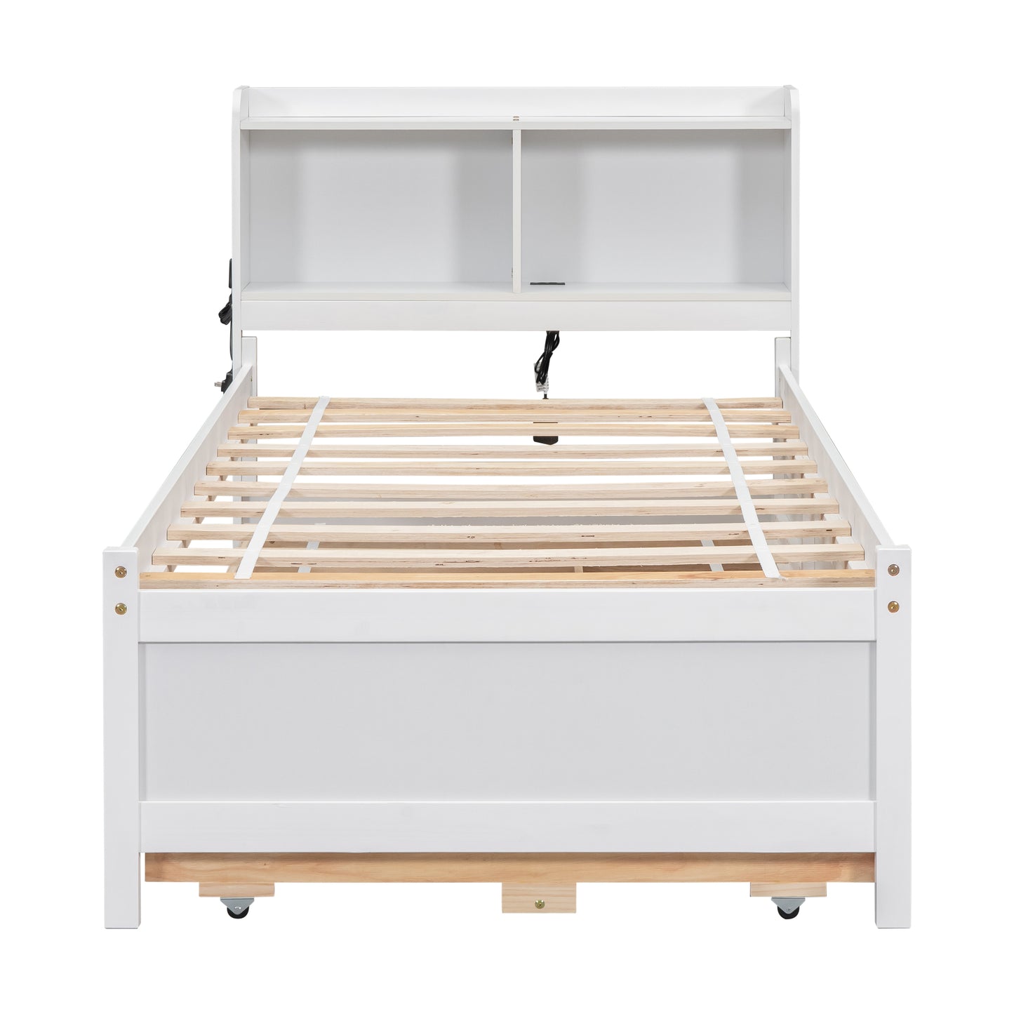 Twin Size Bed with  built-in USB ,Type-C Ports, LED light, Bookcase Headboard, Trundle and 3 Storage Drawers, Twin Size Bed with  Bookcase Headboard, Trundle and Storage drawers  ,White