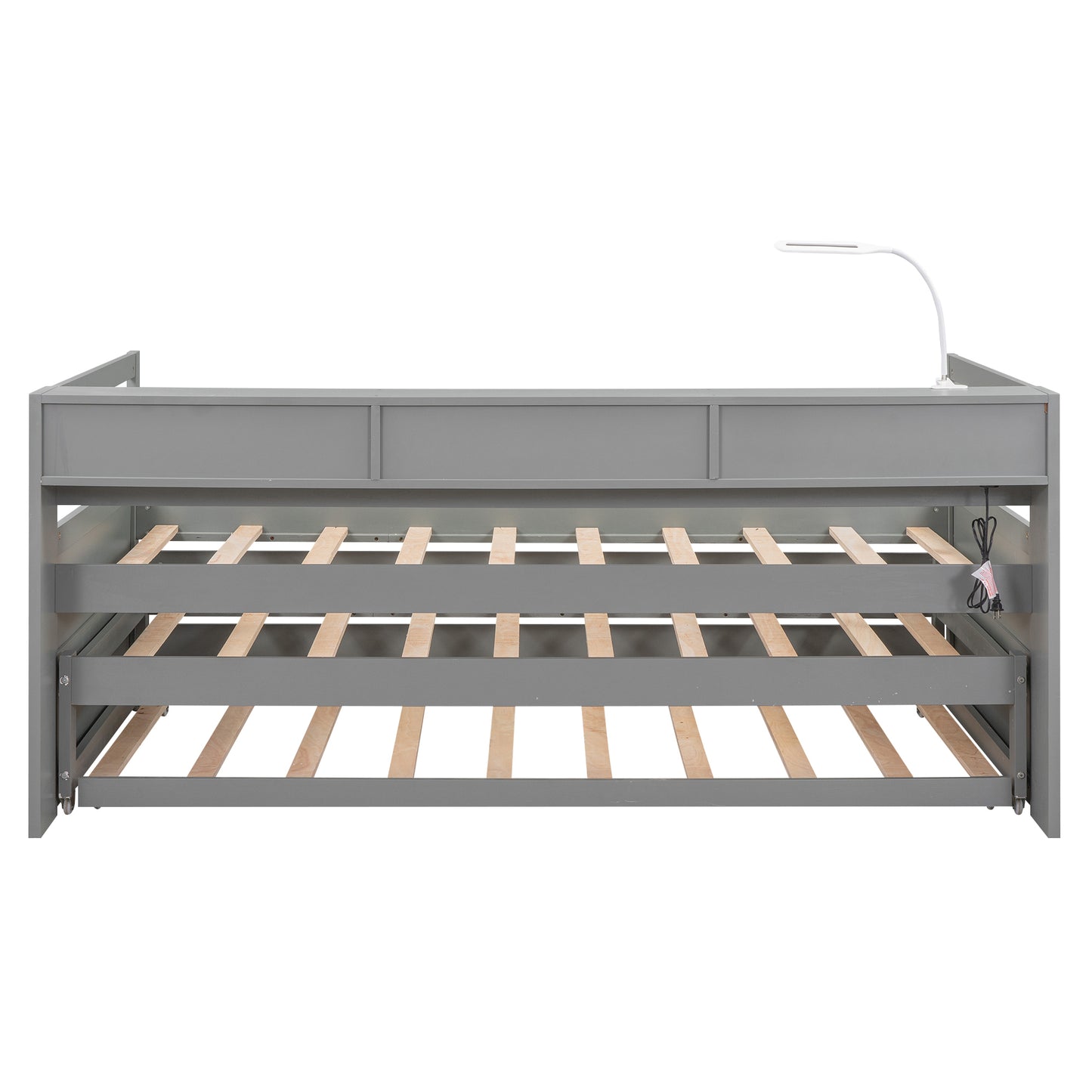 Twin XL Wood Daybed with 2 Trundles, 3 Storage Cubbies, 1 Light for Free and USB Charging Design, Gray