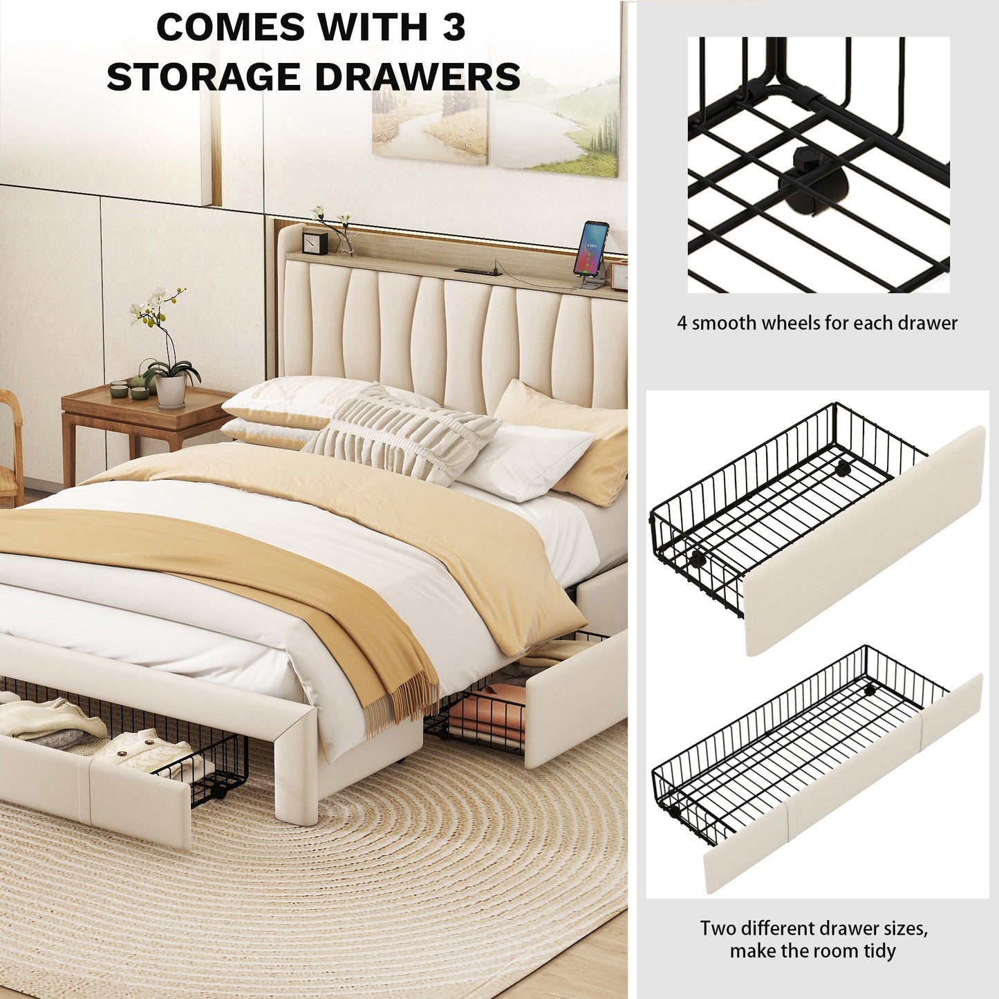 Queen Size Bed Frame with Storage Headboard and Charging Station, Upholstered Platform Bed with 3 Drawers, No Box Spring Needed, Beige