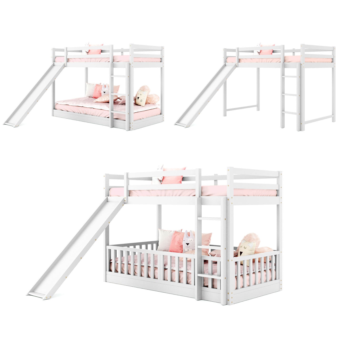 White Twin Bunk Bed with Slide, Ladder, and Space-Saving Design