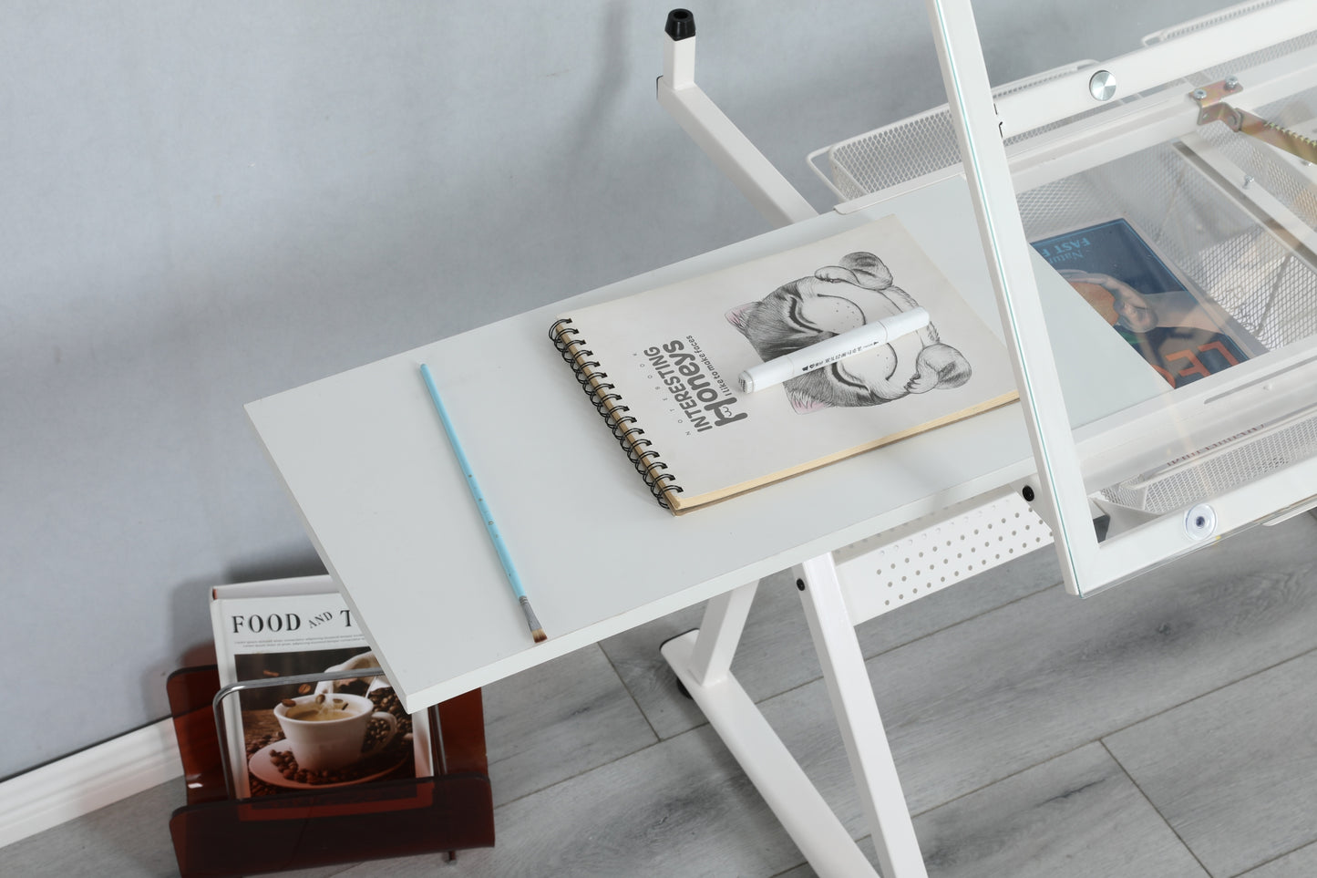 Adjustable Glass Drafting Table Set with White Chair