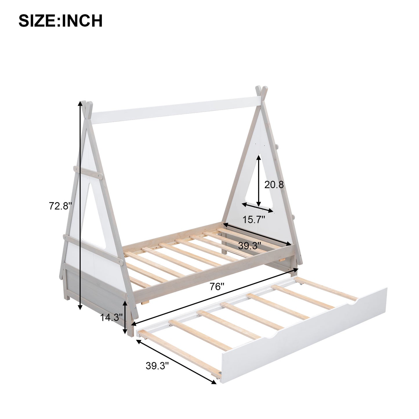 Twin Size Tent Floor Bed with Pull-out Twin Size Trundle, White