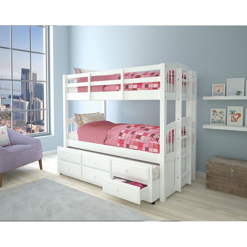 Micah Twin Bunk Bed & Trundle Set in Timeless White Finish