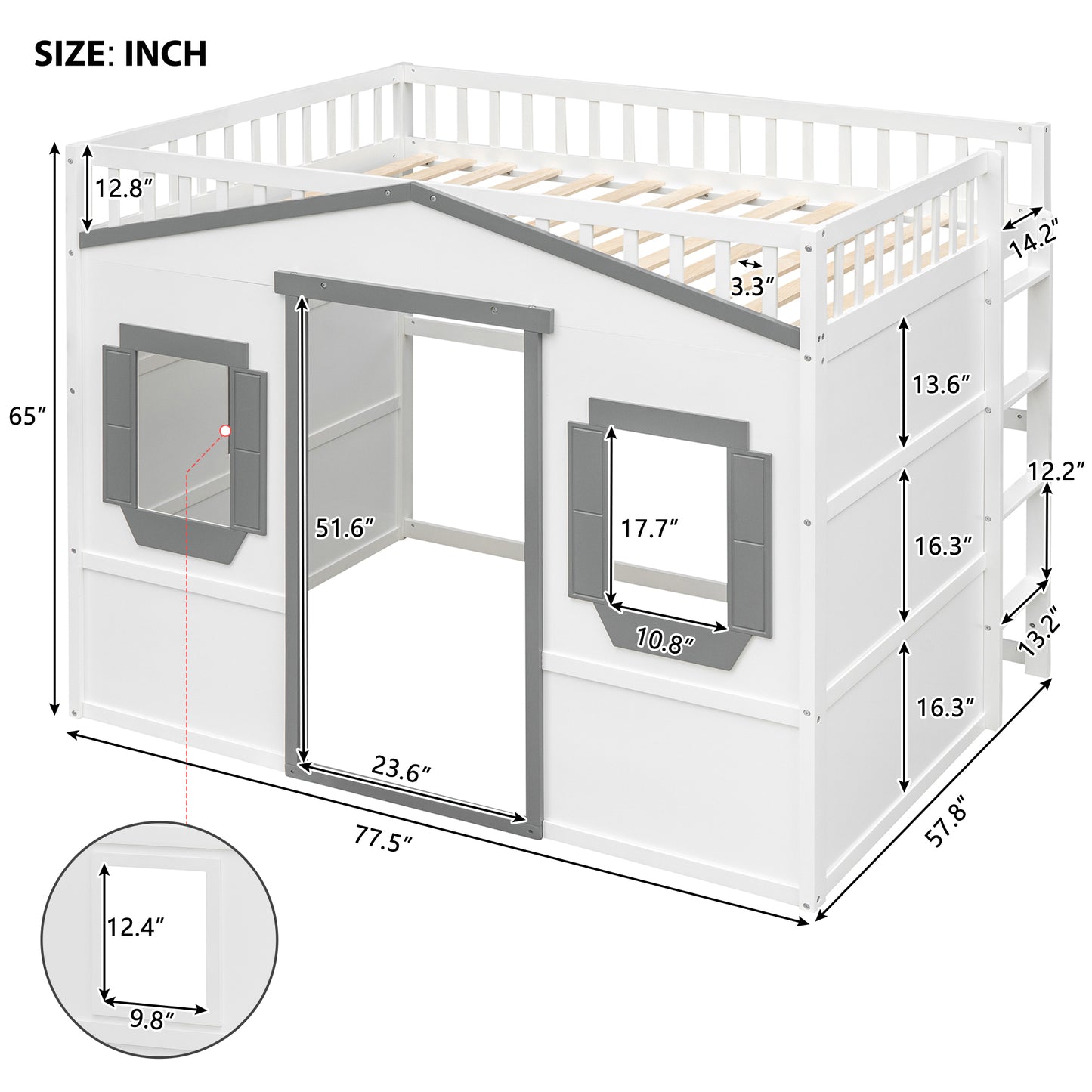 Full Size House Loft Bed With Ladder-White+Gray Frame