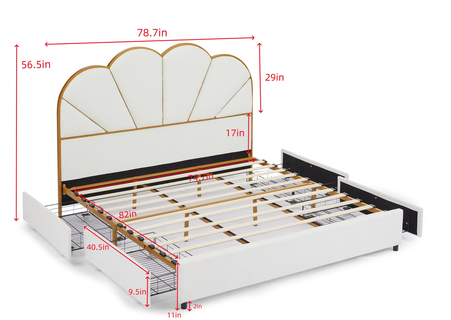 King Size Bed Frame with Drawer, Upholstered Smart Platform Bed with 4-Drawers Strong Wood Slats Support, No Box Spring Needed, Teddy Fleece, White