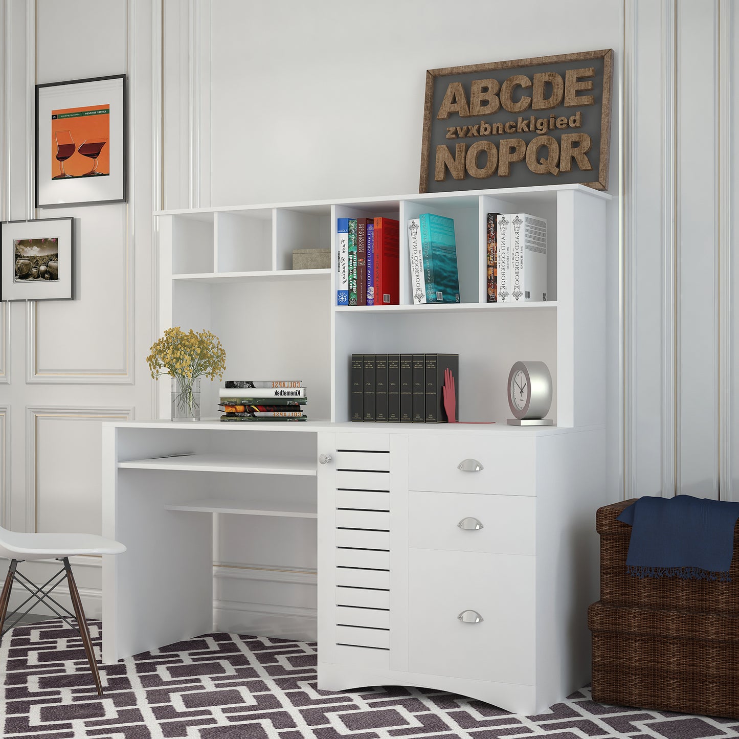 White Antique Home Office Desk with Hutch and Generous Storage Area