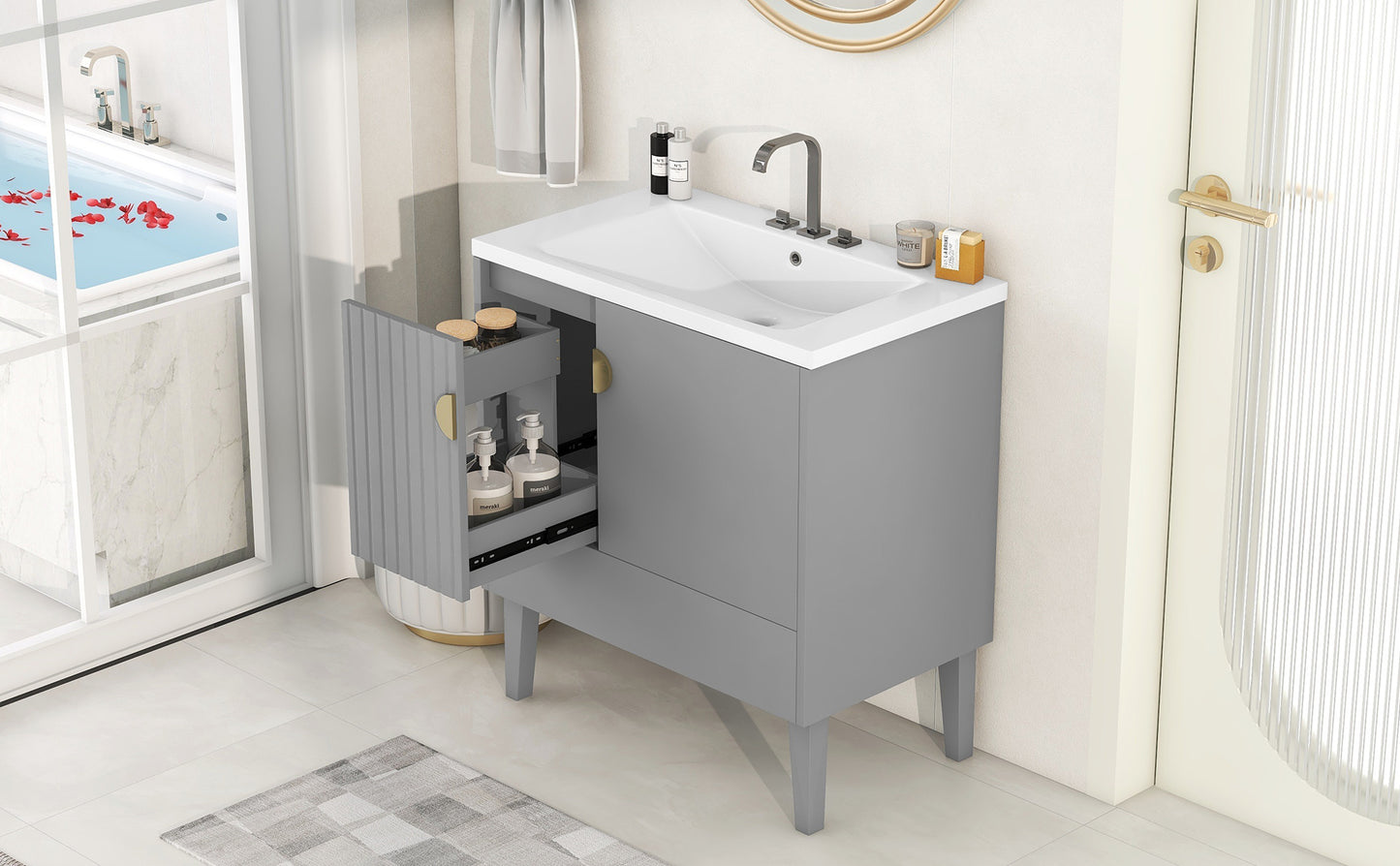 30" Bathroom Vanity with Sink Combo, Bathroom Cabinet with Door and Drawers, Solid Frame and MDF Board, Grey