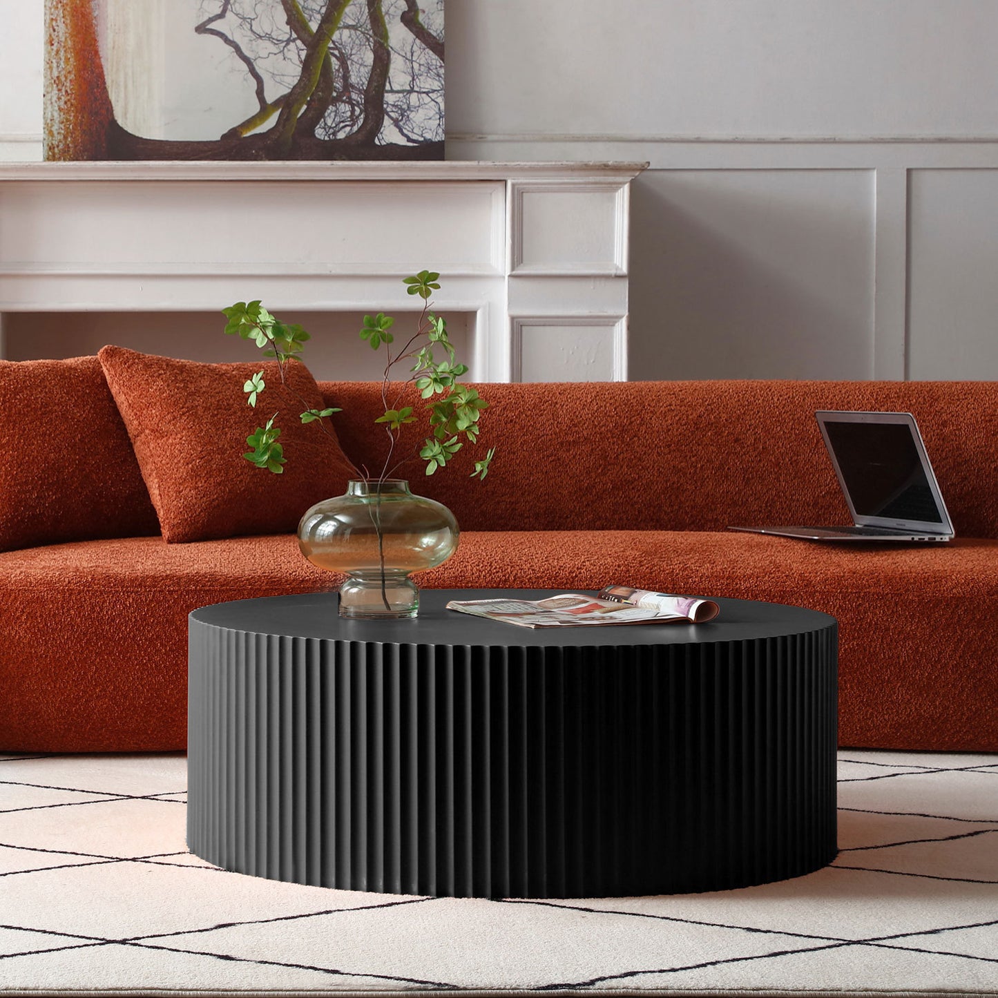 Elegant Black Round Coffee Table with Intricate Relief Design