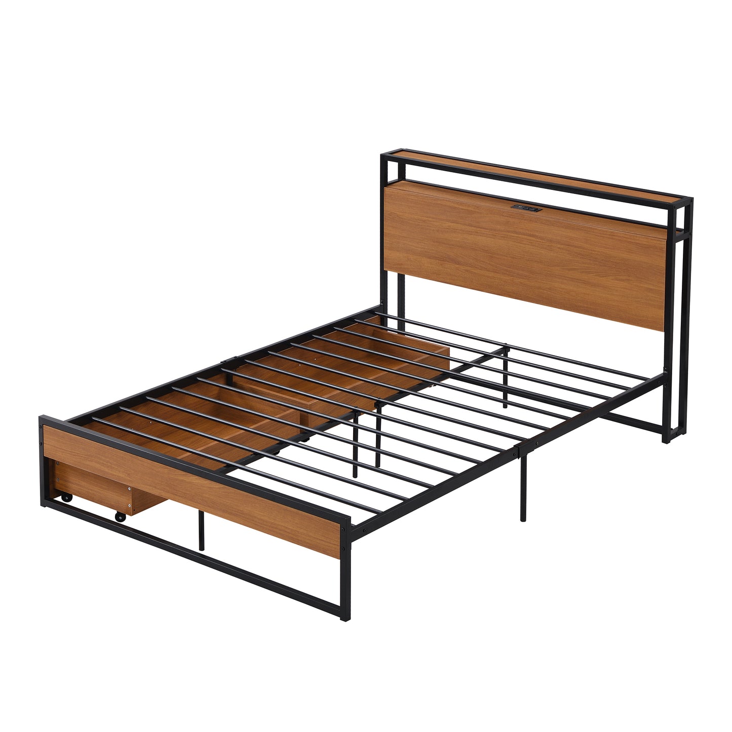 Full Size Metal Platform Bed Frame with  Two Drawers,Sockets and USB Ports ,Slat Support No Box Spring Needed Black