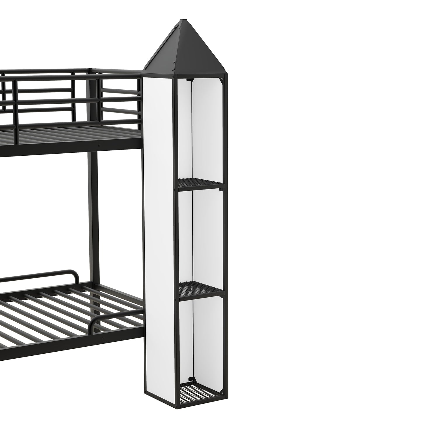 Castle-themed Metal Twin Bunk Bed with Wardrobe and Storage in Black and White Color Palette