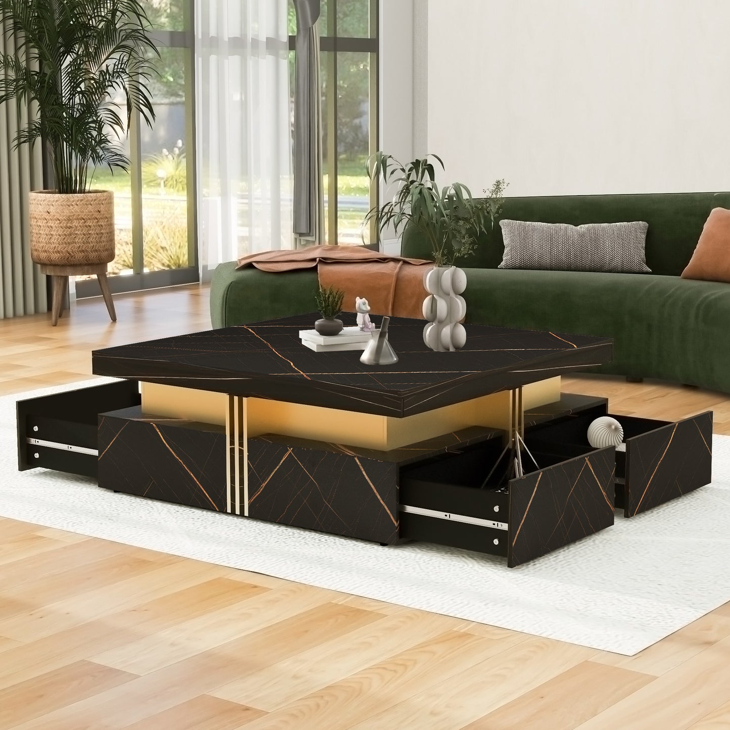 Contemporary Square Black Coffee Table with Gold Accents and Storage Drawers