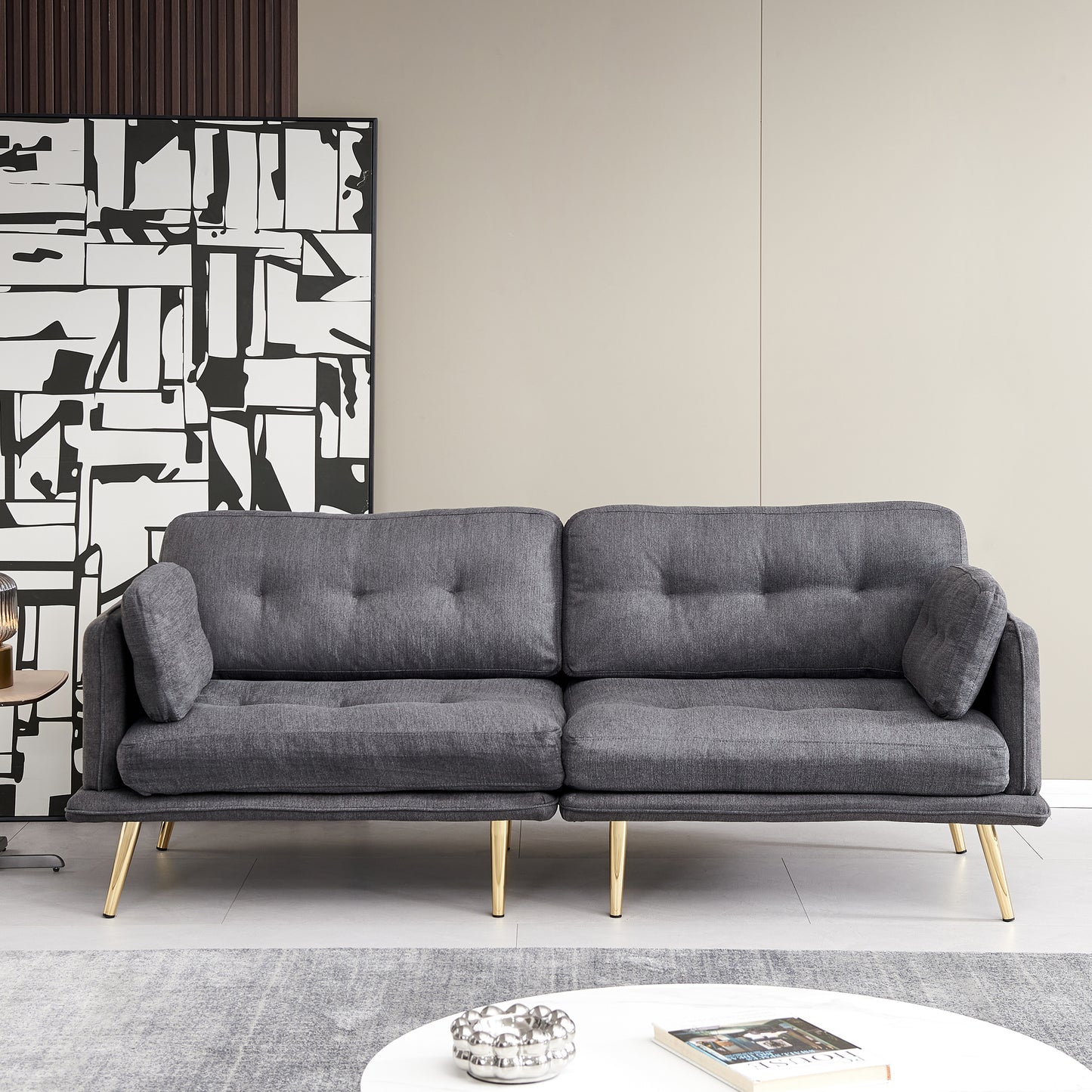 Elegant Dark Grey 3-Seat Sofa with Gold Metal Legs