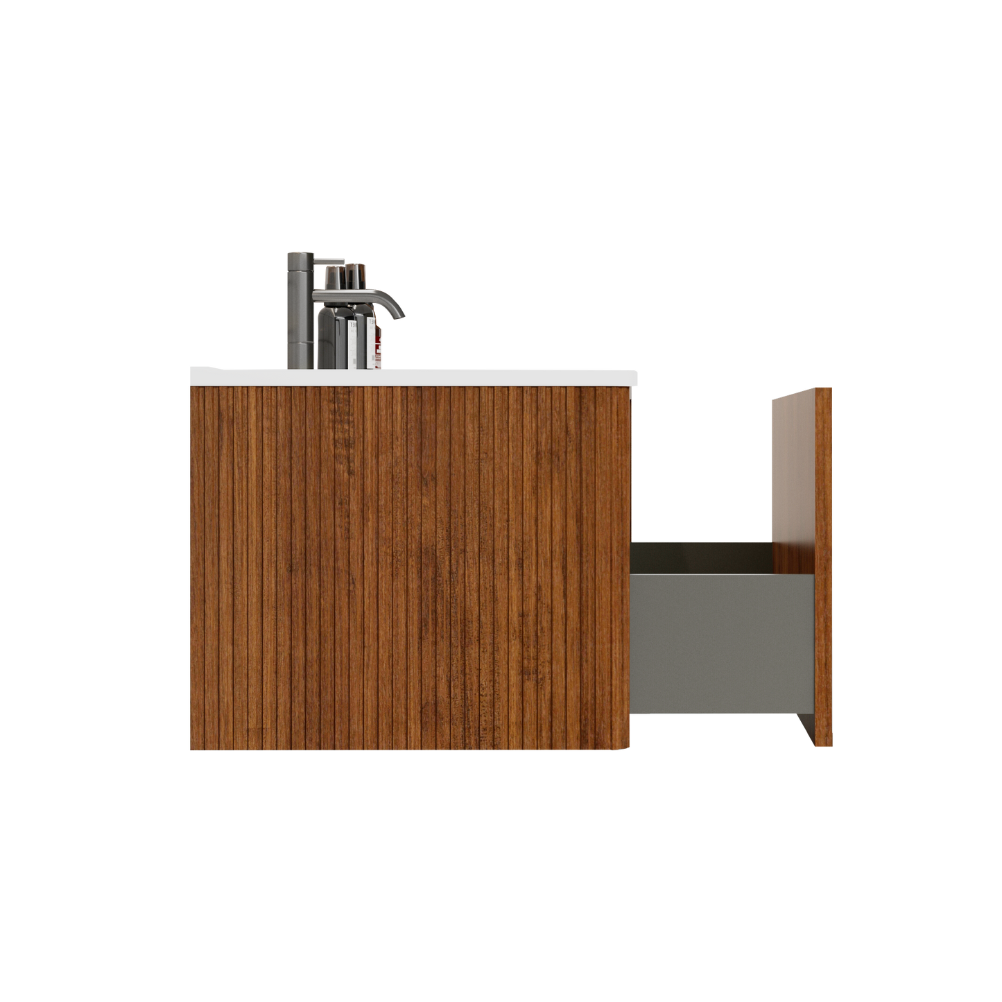 U048-Etna36W-305 Etna 36" Striped Walnut Bathroom Vanity with White Ceramic Sink, Wall Mounted Floating Bathroom Vanity for Modern Bathroom, One-Piece White Basin without Drain and Faucet