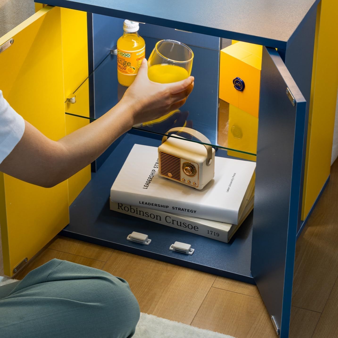 Bedside Tables with LED Farmhouse Gray Nightstand Tables with Glass Shelves Led End Table for Living Room (Yellow & Blue)