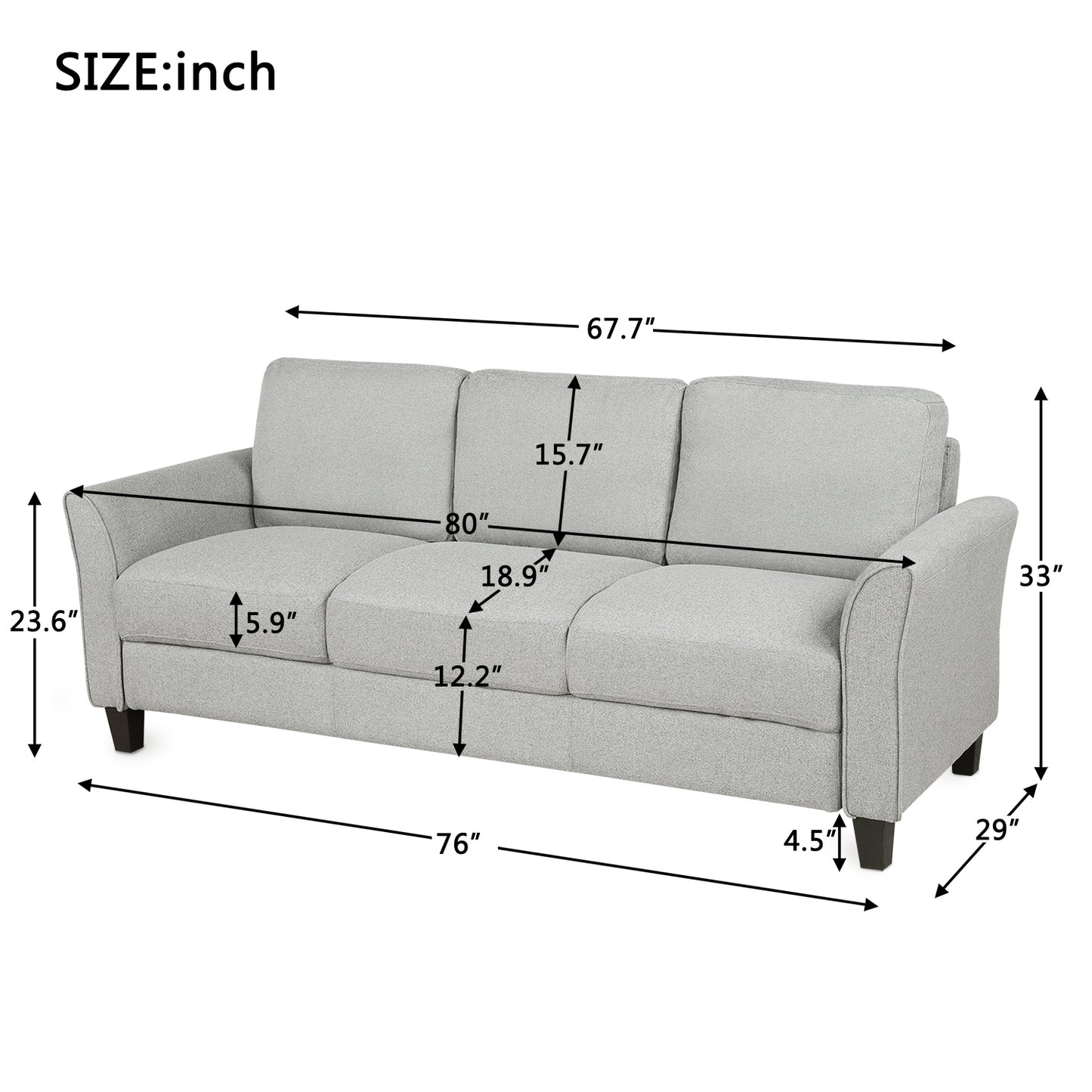 Elegant Light Gray 3-Seat Linen Fabric Sofa for Living Room