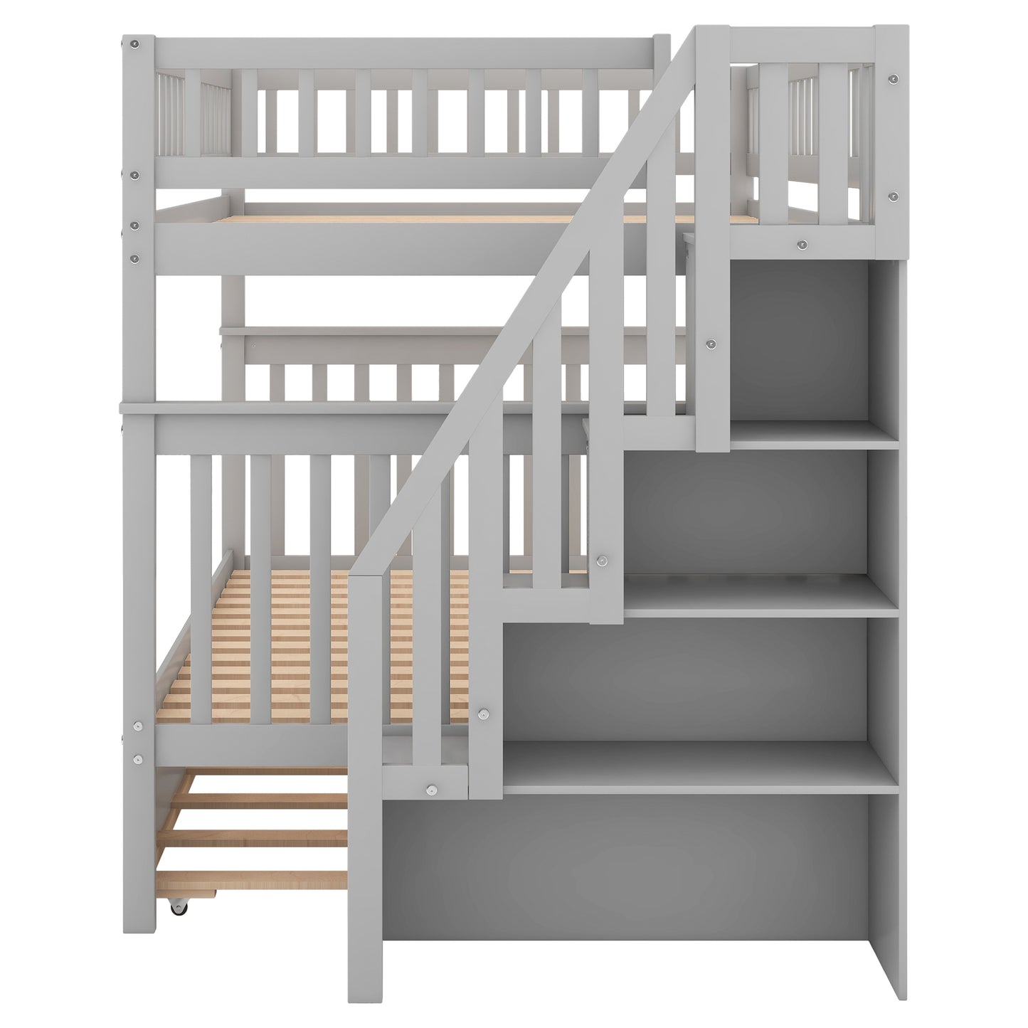 Gray Triple Sleeper Bunk Bed with Trundle and Staircase