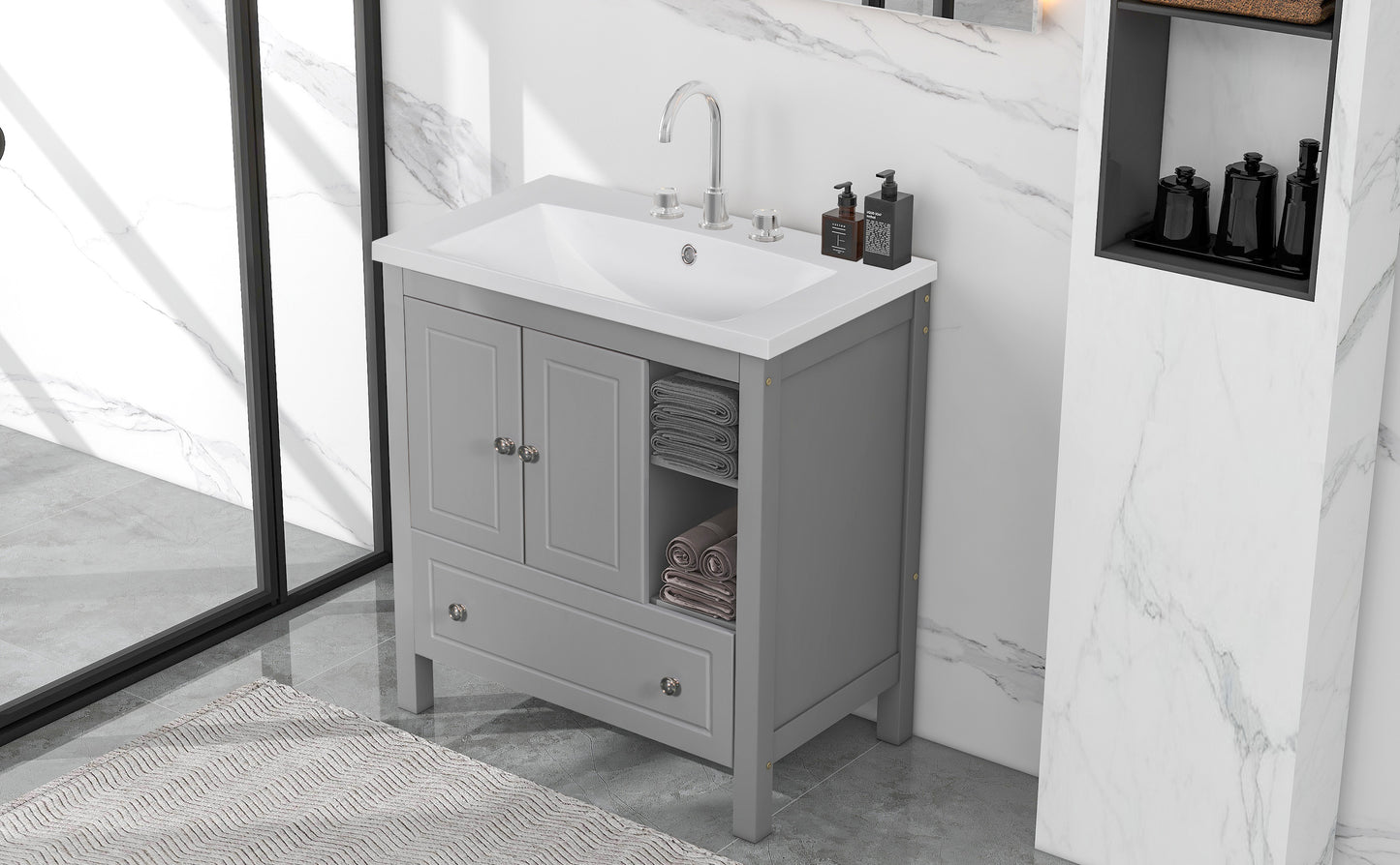 30" Bathroom Vanity with Sink, Bathroom Storage Cabinet with Doors and Drawers, Solid Wood Frame, Ceramic Sink, Grey