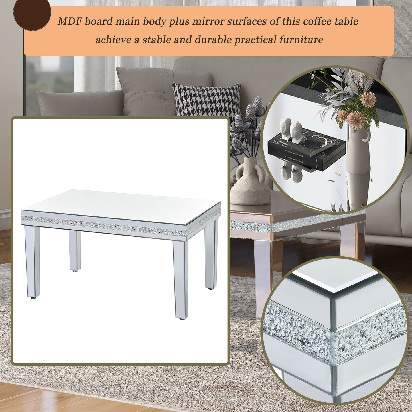 Elegant Crystal-Design Adjustable Glass Coffee Table