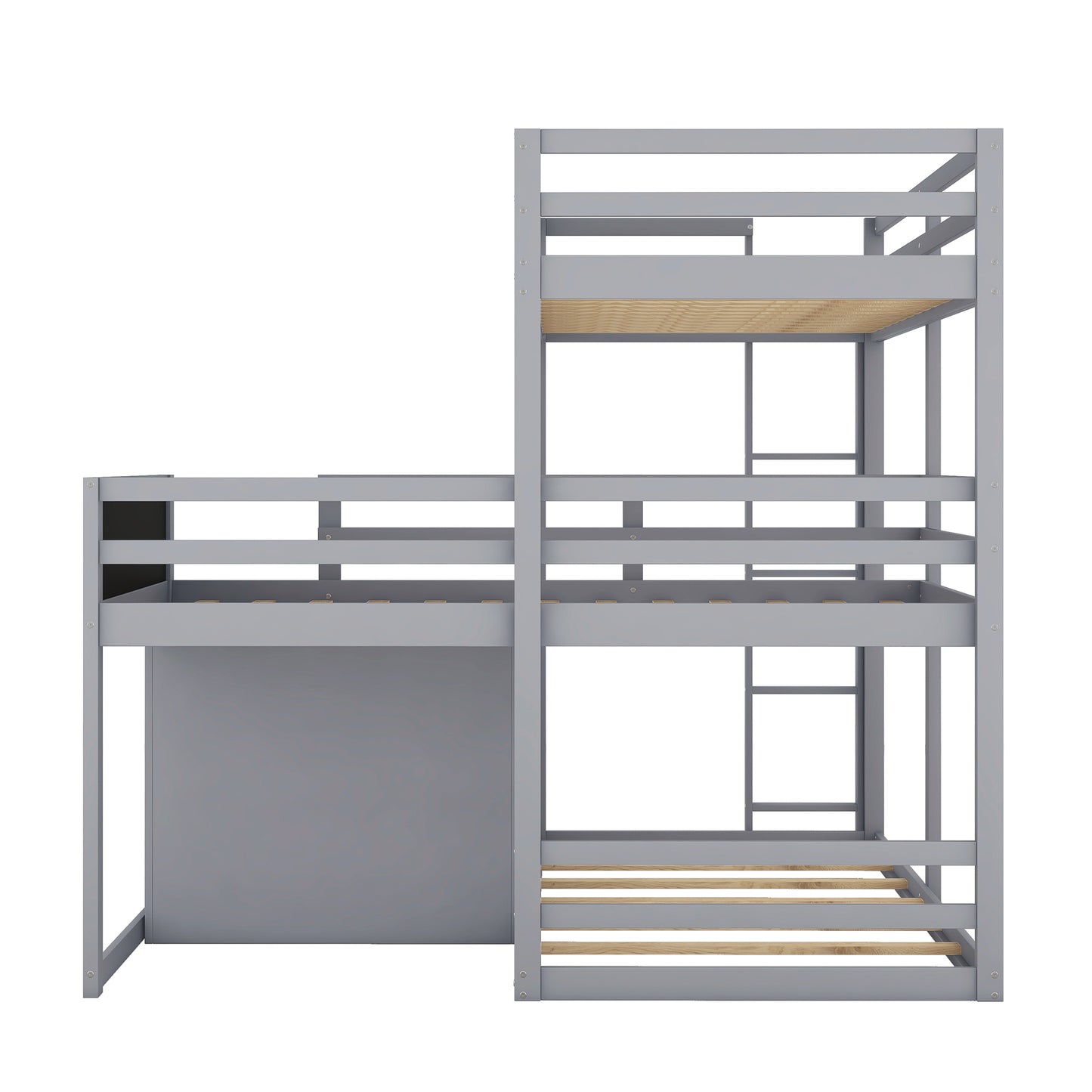 Gray L-shaped Triple Bunk Bed with Storage and Blackboard