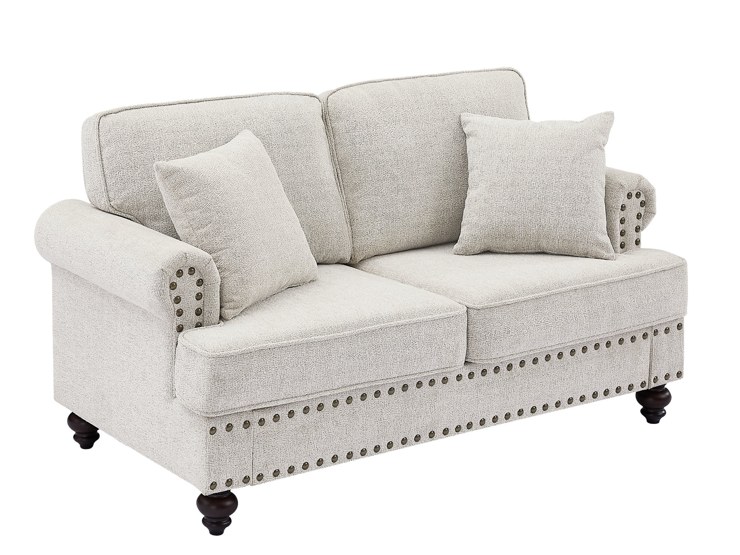 Elegant Chenille Upholstered 61 Love Seat with Armrests and Nails (White)