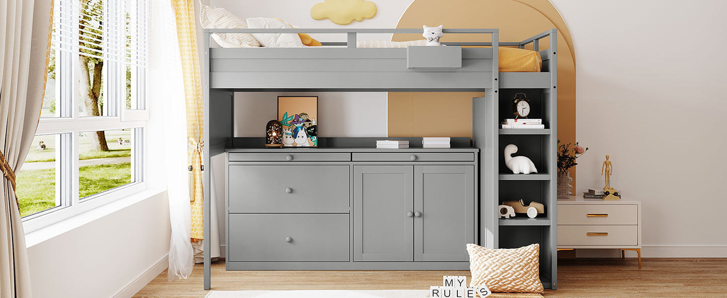 Loft Bed with Rolling Cabinet and Desk - Gray