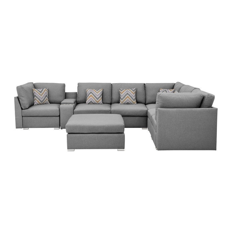 Gray Fabric Modular Sectional Sofa with USB Console and Ottoman