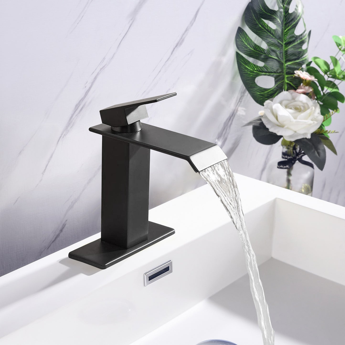 Single Handle Waterfall Spout Matte Black Bathroom Faucet