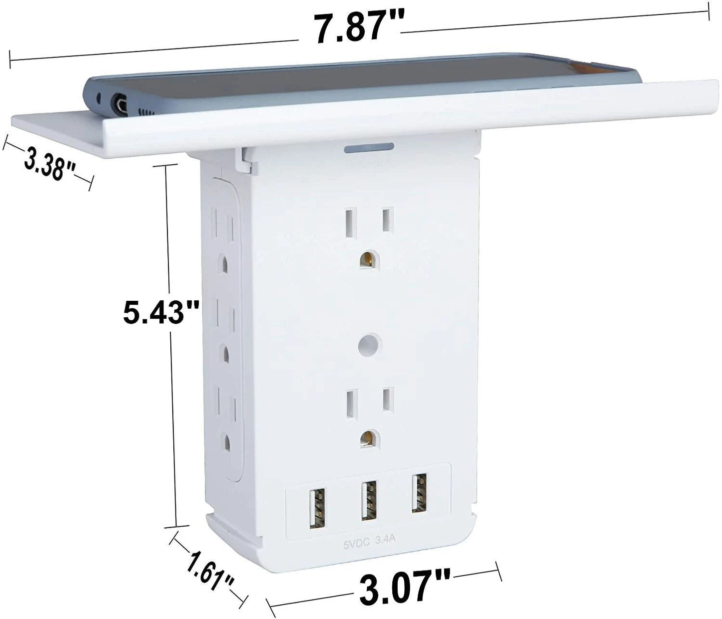 Set of 2 Wall Outlet Extender Surge Protector Multifunctional Outlet Wall Plug with 3 USB Ports(3.4A Total), 8 AC Outlets, Removable Outlet Shelf