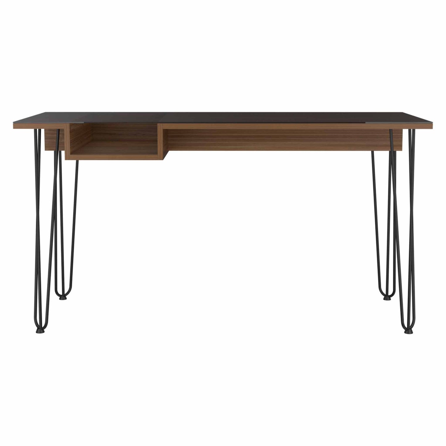 Mahogany Finish Writing Desk with Hairpin Legs and Glass Top With Modern Industrial Appeal