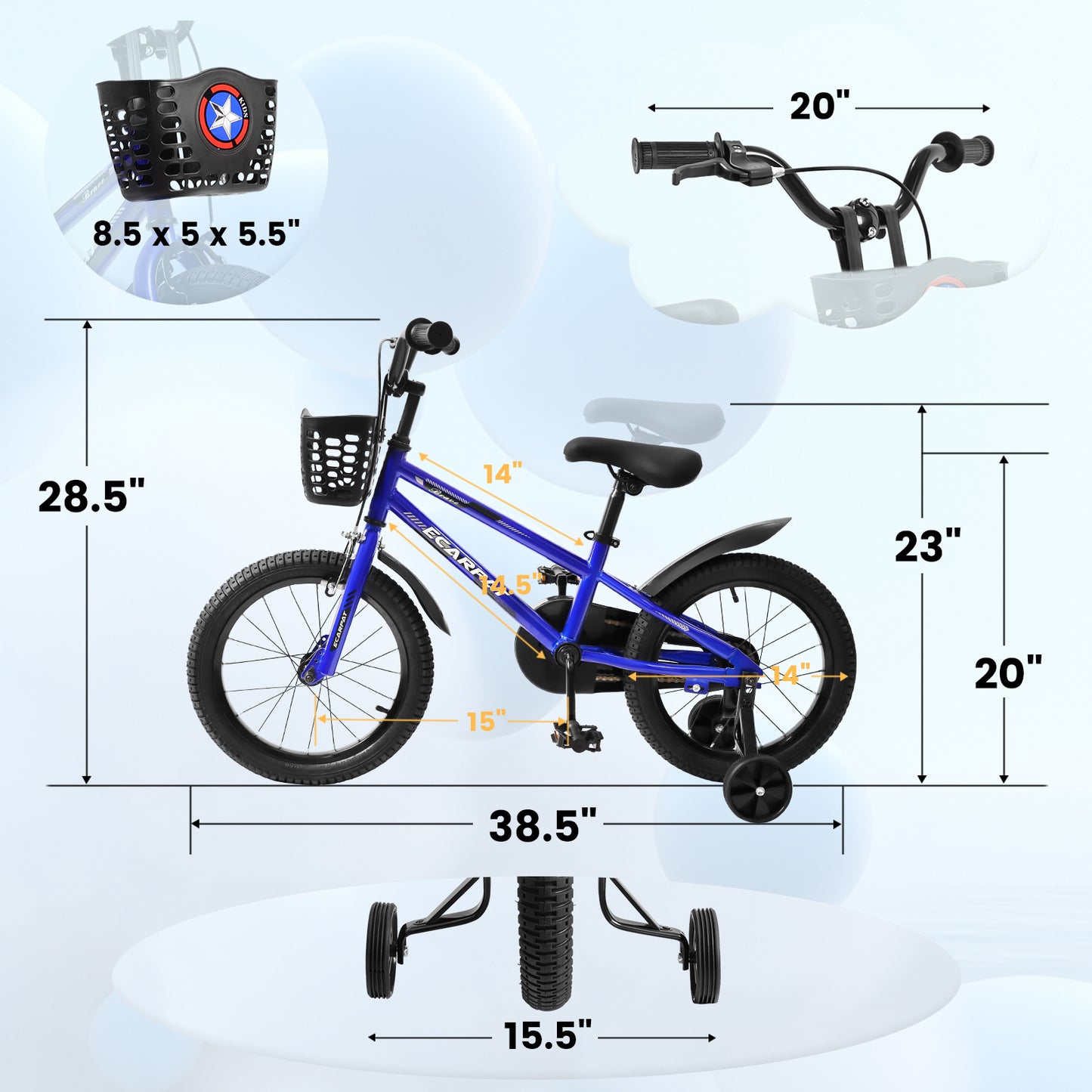 Kids Bike 14 inch for Boys & Girls with Training Wheels,  Freestyle Kids' Bicycle with Bell,Basket and fender.