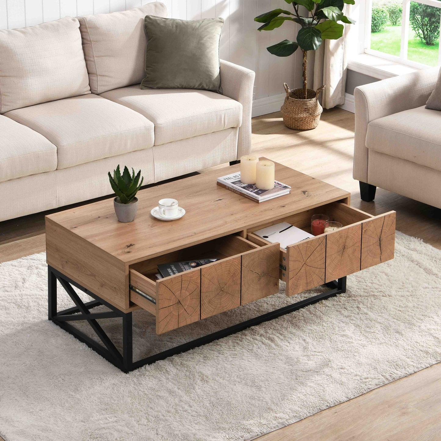 Luxurious 43.31'' Coffee Table with Dual Drawers for Living Room, Bedroom & Office